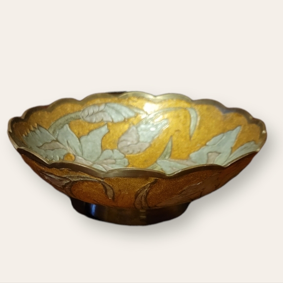 Vtg 1960's Indian Brass Hand Painted Enamel Floral Dish Cloisonné Bowl Motif